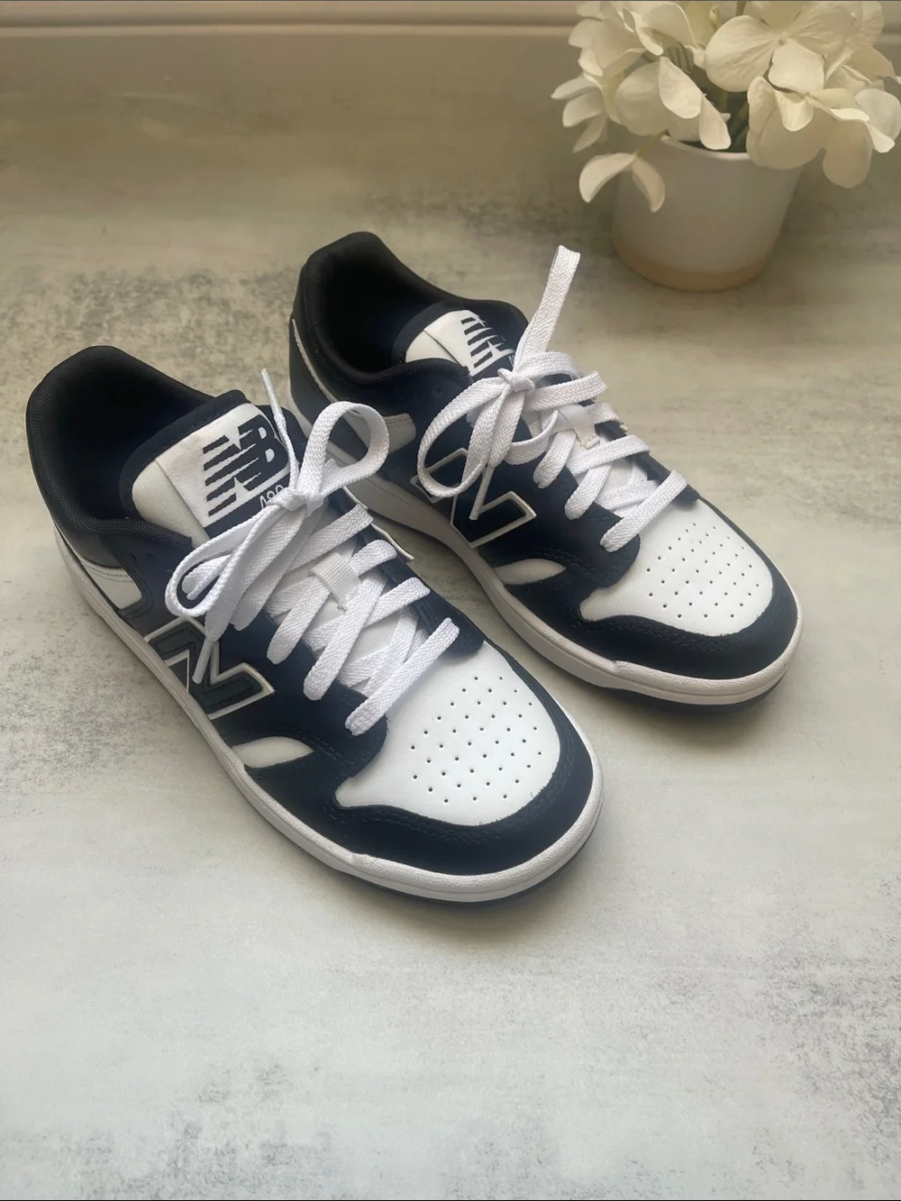 New Balance Kids 480 Black and White Leather Perforated Sneakers